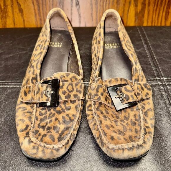 Stuart Weitzman Buckleberry Brown Black Cheetah Print Suede Loafers - Size 6.5 - Picture 1 of 11